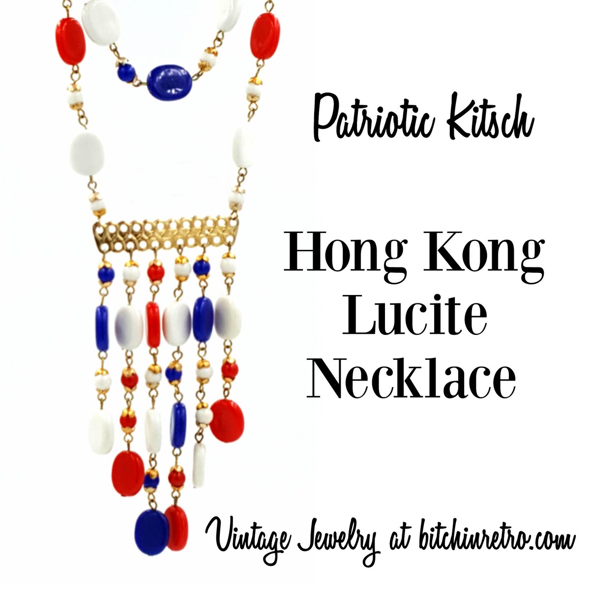#Vintage Hong Kong necklace with #patriotic flair. Strut some #redwhiteandblue with this little piece of history. It doesn't get much more #bitchinretro than this. Makes you want to don a white double knit pant suit &amp; get your bee hive set &amp; sprayed!
#wow

bitchinretro.com/products/vinta…