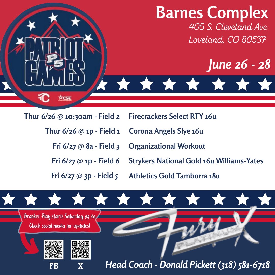 Fury Platinum X - Pickett (@fpxpickett) on Twitter photo Up next➡️ P5 Patriot Games in Loveland, CO - looking forward to another weekend competing with some of the best teams in the nation! Games start Thursday - let’s go FPX!! <a href="/triplecrownspts/">Triple Crown Sports</a> <a href="/FuryPlatinum/">FuryPlatinumSoftballClub</a> Up next➡️ P5 Patriot Games in Loveland, CO - looking forward to another weekend competing with some of the best teams in the nation! Games start Thursday - let’s go FPX!! <a href="/triplecrownspts/">Triple Crown Sports</a> <a href="/FuryPlatinum/">FuryPlatinumSoftballClub</a>