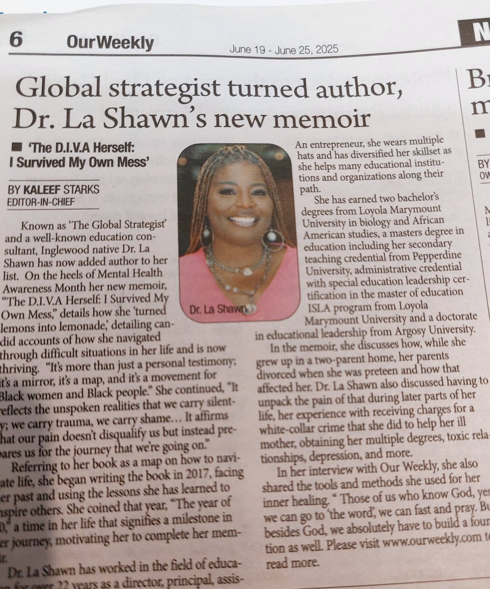 NewBookRelease #OurWeeklyNewspaper
Dr. La Shawn Denise Witt Releases Inspiring New Memoir “The D.I.V.A. Herself: I Survived My Mess”. Available online through Amazon, Apple Books, and directly at drlashawndenisewitt.com.

Article: 
ourweekly.com/2025/06/18/glo…
#bookrelease
#memoir