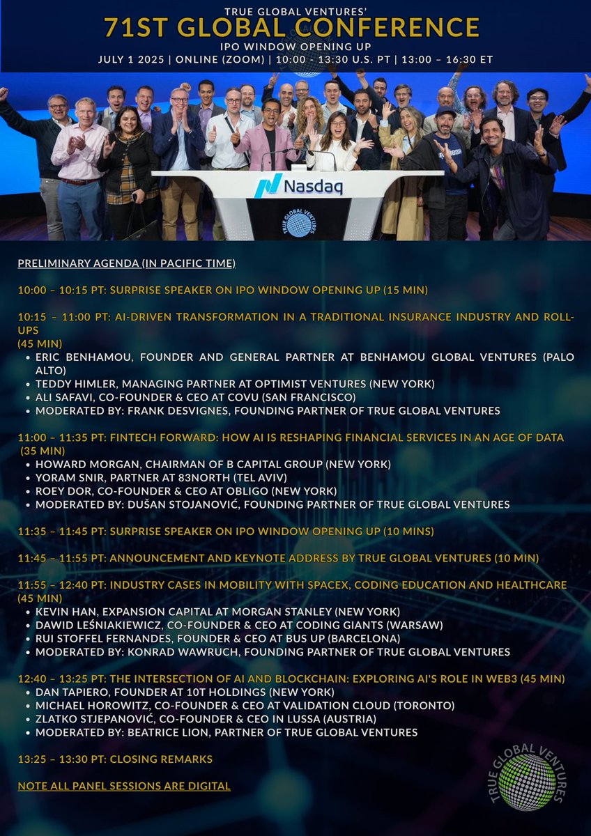 🎙️ We are glad to invite you for the TGV 71ST GLOBAL CONFERENCE
 🔔 IPO WINDOW: OPENING UP
 📅 JULY 1, 2025 | ONLINE (ZOOM) | 10:00 – 13:30 U.S. PT | 13:00 – 16:30 ET
Ask your preferred TGV Partner for being invited in DM or here in comments👇
AGENDA
10:00 – 10:15 PT: Surprise