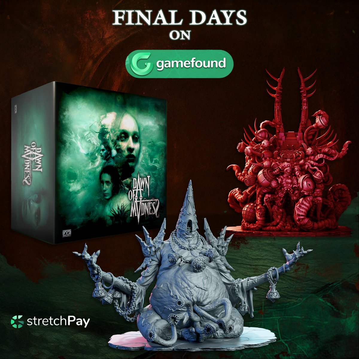 Dawn of Madness has entered its final days at Gamefound! Check it out before it's gone at bit.ly/DoMComplete and delve into the ultimate board game horror experience! Encounter deep stories, intense gameplay, and monsters like Gluttony and The Gate before it's too late!
