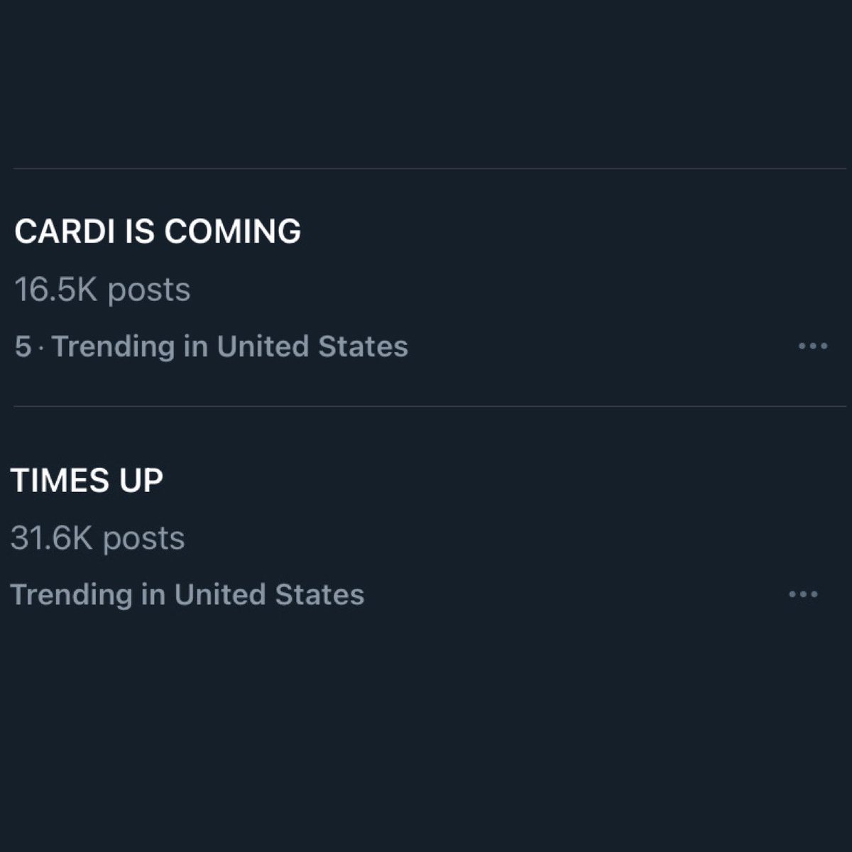 Cardiisshook's tweet image. CARDI IS COMING AND TIMES UP are both TRENDING in the UNITED STATES with over 48.1K TWEETS collectively following her album announcement🔥 #CardiB #CARDIISCOMING #TIMESUP #CB2