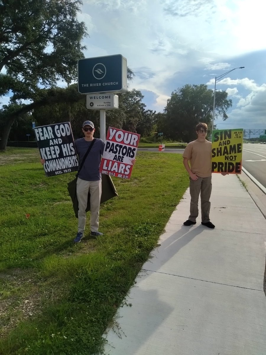 WBCRejoice's tweet photo. LIVE ACTION:  WBC at Tampa Bay, warning the lying pastors &amp; brutish attendees who demand it, that they each &amp; every have the obligation to know &amp; obey God's revealed word in the Bible. No exception to the  mega-church set, such as The River at Tampa Bay. #RepentOrPerish #ObeyGod https://t.co/12ASlM7wL1