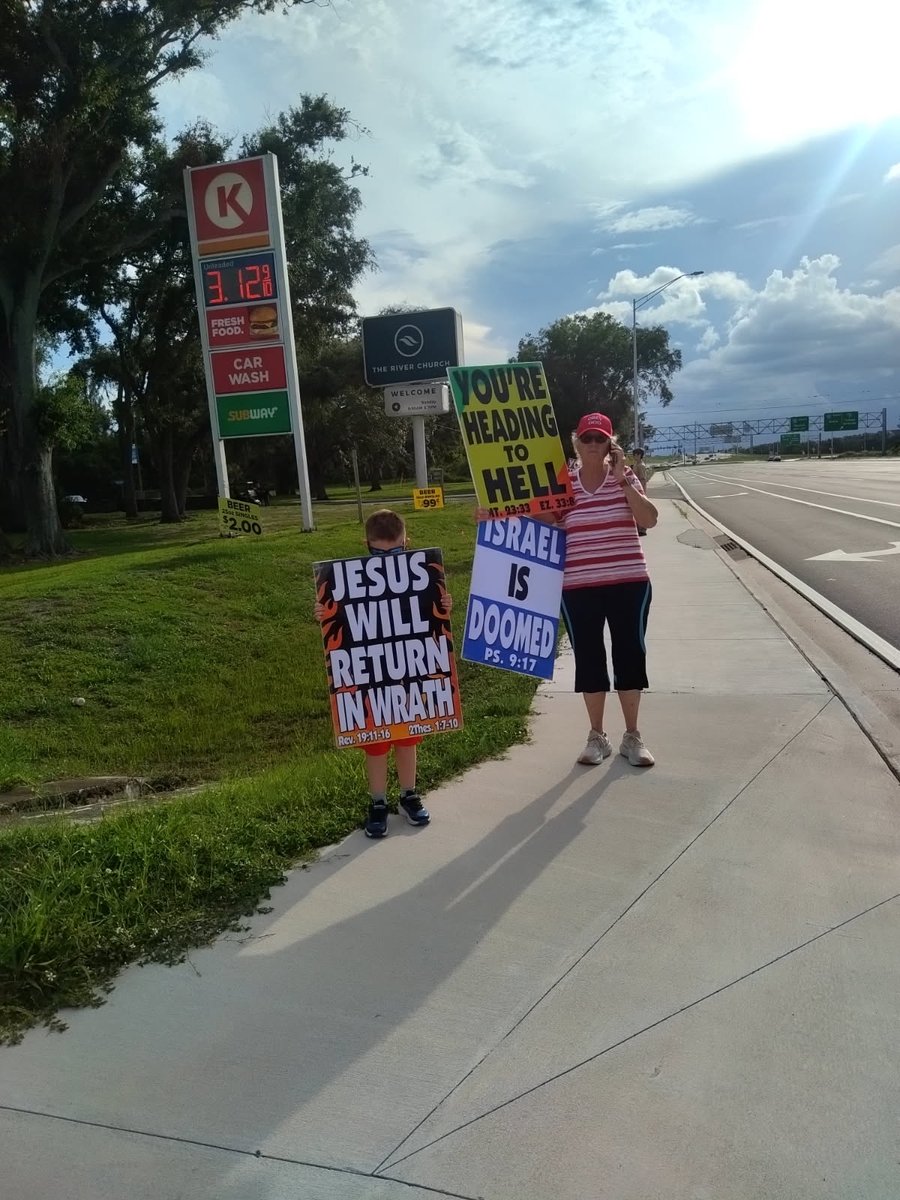WBCRejoice's tweet photo. LIVE ACTION:  WBC at Tampa Bay, warning the lying pastors &amp; brutish attendees who demand it, that they each &amp; every have the obligation to know &amp; obey God's revealed word in the Bible. No exception to the  mega-church set, such as The River at Tampa Bay. #RepentOrPerish #ObeyGod https://t.co/12ASlM7wL1