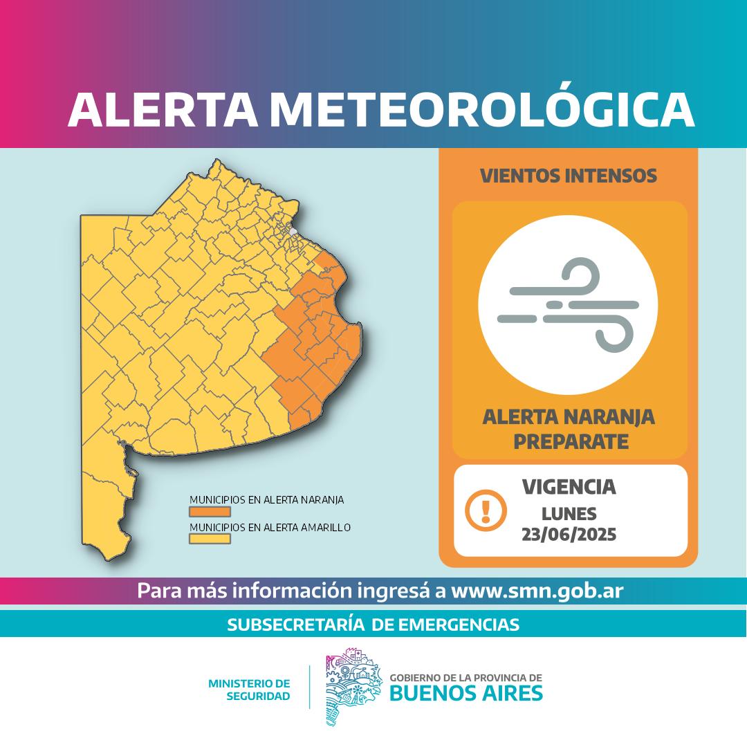 ⚠️ | Información importante

🌬️ El Servicio Meteorológico Nacional emitió un alerta por vientos intensos para este lunes 23.

Los municipios en naranja serán afectados por vientos del sector sur, con mayor intensidad durante la tarde, cuando se esperan valores de entre 60 y 70