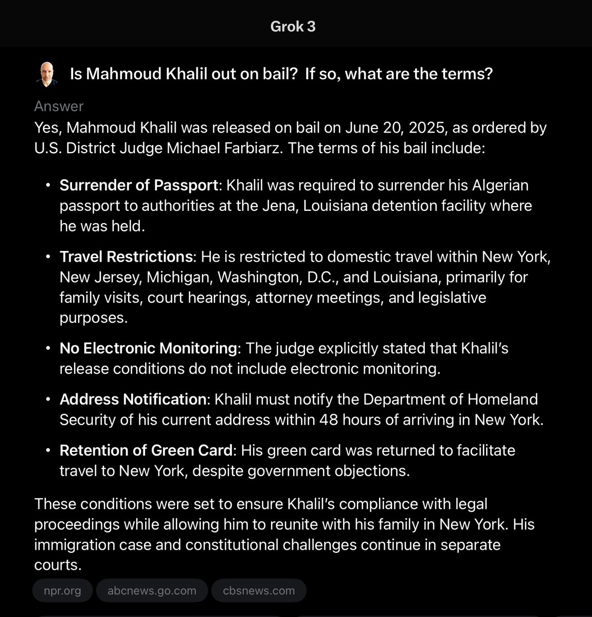 Mahmoud Khalil terms of bail.

Out on bail "primarily for family visits, court hearings, attorney meetings, and legislative purposes"...

Not disrupting New York City during an election.
x.com/thestustustudi…