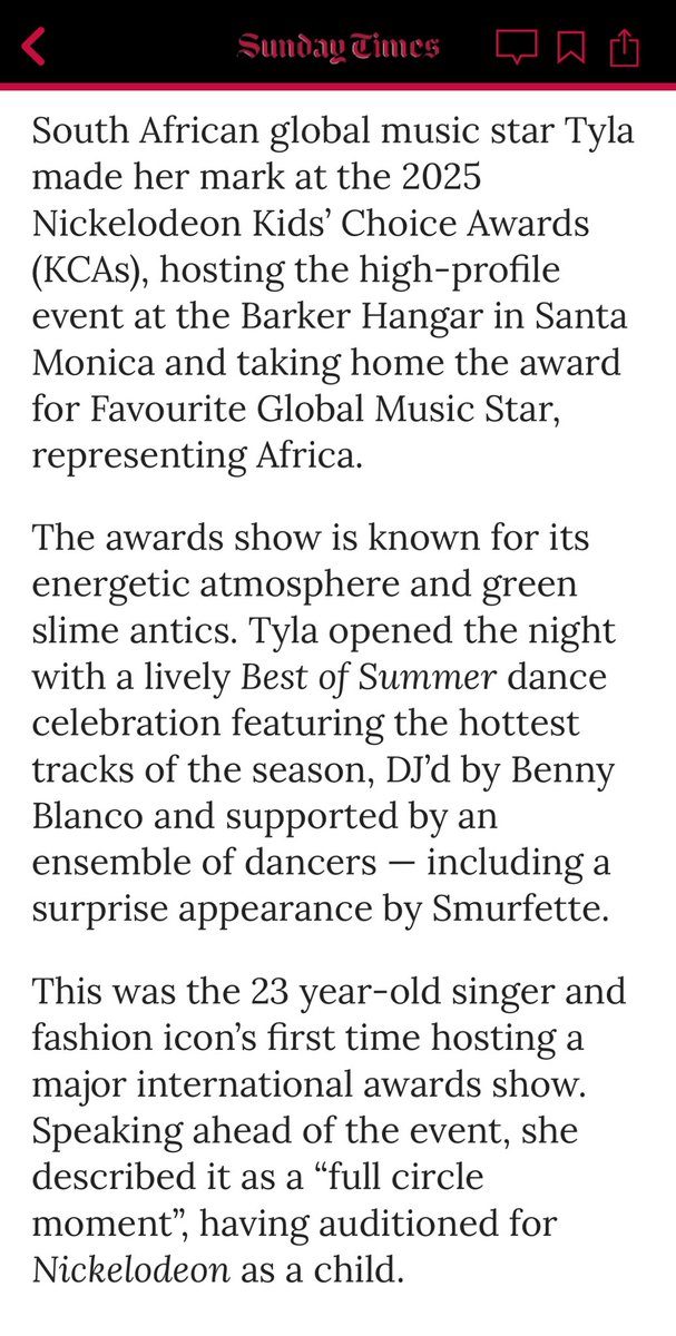 jennifer_su's tweet photo. Congrats Tyla on hosting AND winning @Nickelodeon - my article in @SundayTimesZA #KCAs #KCA2025 #Tyla #SundayTimesZA #NickelodeonKidsChoiceAwards https://t.co/AhafFNWWqo