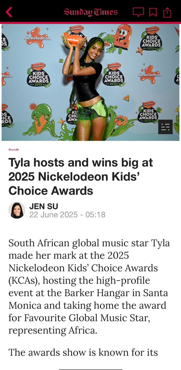 jennifer_su's tweet photo. Congrats Tyla on hosting AND winning @Nickelodeon - my article in @SundayTimesZA #KCAs #KCA2025 #Tyla #SundayTimesZA #NickelodeonKidsChoiceAwards https://t.co/AhafFNWWqo
