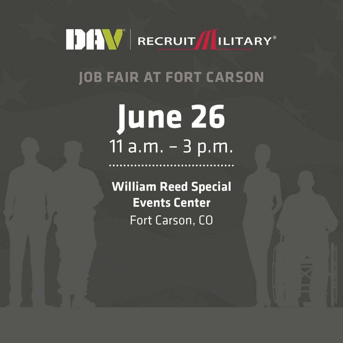 On Thursday, June 26, at 11 a.m. (Mountain), DAV and <a href="/RecruitMilitary/">RecruitMilitary</a> will host an in-person job fair for transitioning service members, veterans, members of the National Guard and Reserves, and military spouses at Fort Carson. Register now: dav.la/4k9PCml.