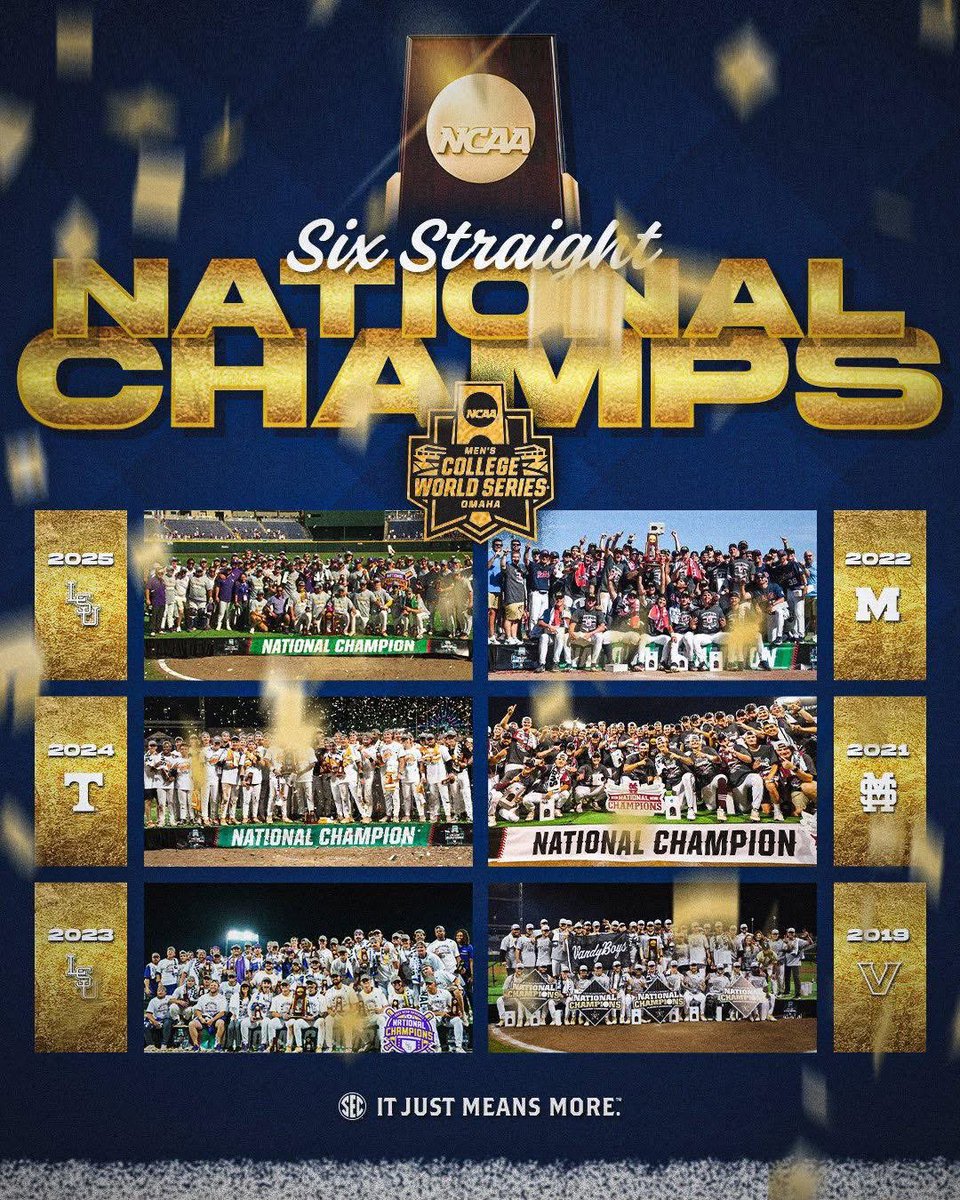herbvincent's tweet image. The @SEC has now won six straight college baseball national championships.
#ItJustMeansMore