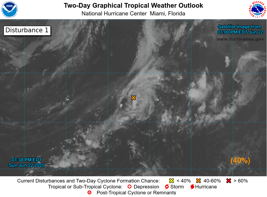 NHC_Atlantic's tweet photo. 8pm EDT June 22nd - An area of low pressure (#AL90) located about 450 miles E of Bermuda is showing some signs of organization. This system now has a medium chance (40%🟠) to become a TC over the next day or so, but still poses no threat to land.
Latest: https://t.co/WWe5aeJi2x https://t.co/gRyIkwvo63