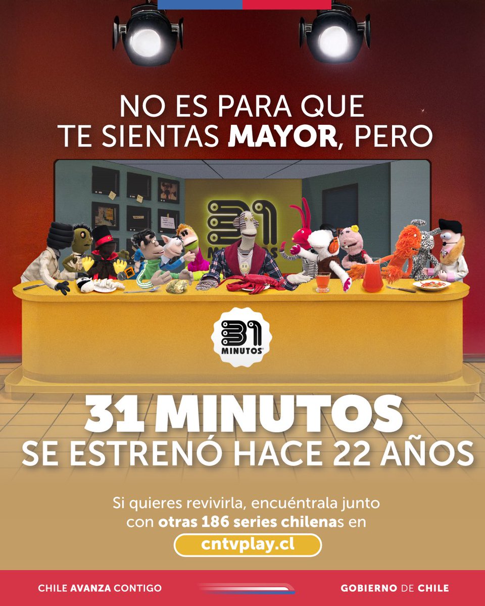 GobiernodeChile's tweet photo. ¿Sabías que una de las series que marcó tu infancia se estrenó hace 22 años? Si tienes ganas de revivir 31 Minutos, revisa el catálogo de https://t.co/3MtbWm7wVD para encontrar esta y más de 186 otras series chilenas en streaming gratuito. https://t.co/mbLq9PRrEe
