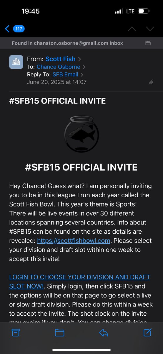 ChanceOsborne's tweet photo. Absolutely honored to be welcomed back to the Scott Fish Bowl this year for #SFB15!! Thanks so much to @ScottFish24 for the opportunity to participate once again in the best fantasy league there is! Best part is, it’s all for a great cause thanks to @FantasyCaresOrg! Let’s go! https://t.co/F2Ro30M0Jw