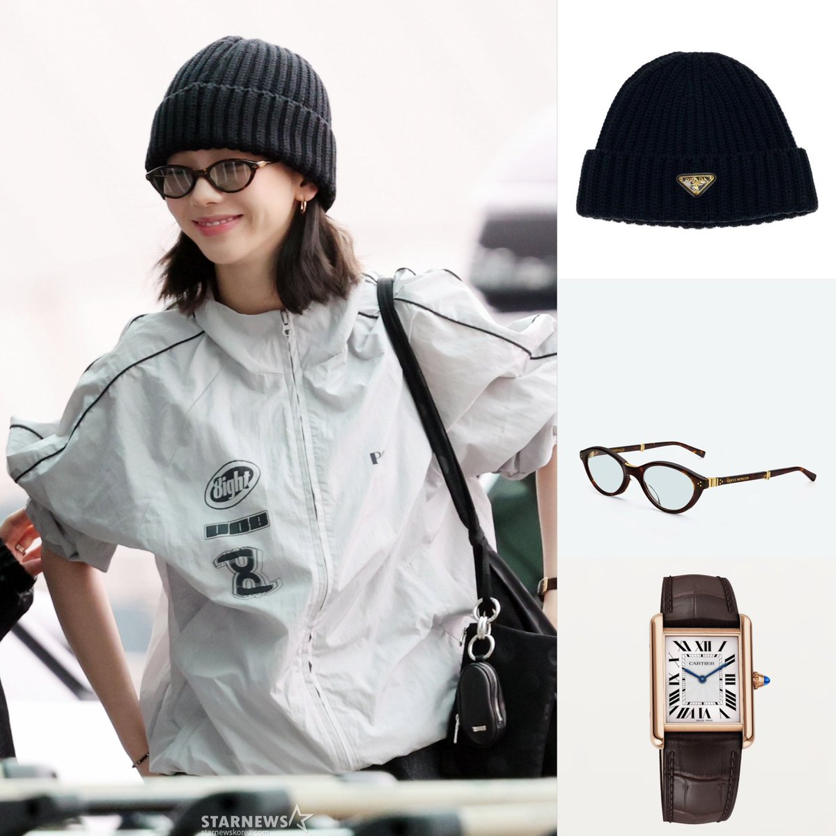 หมวก Prada
นาฬิกา Cartier 
แว่น Gentle Monster (คอลเลคชั่นที่ตัวเองคอลแลป)