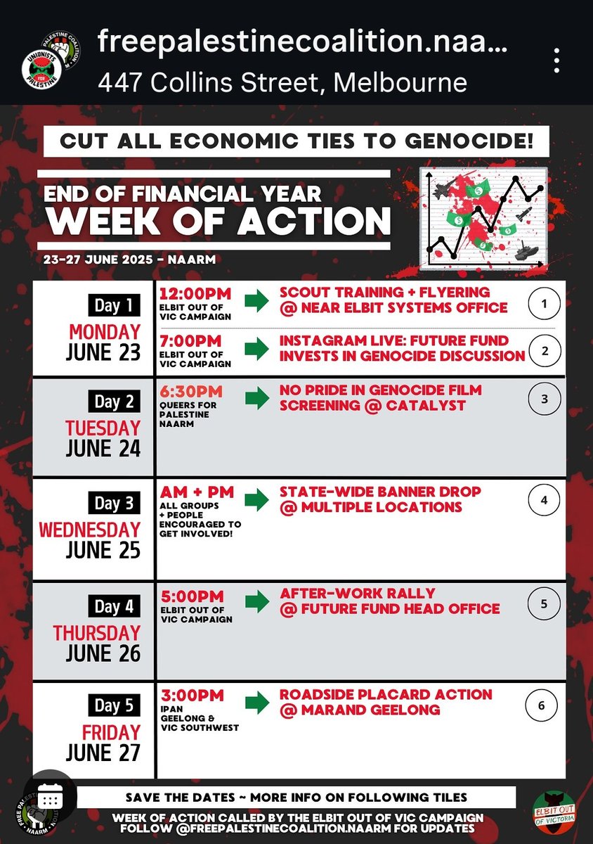 wagepeaceau's tweet image. Australia has a $300bn #FutureFund. It invests in death... NOT the future. Weapons companies' profits RELY on genocide.
WEEK OF ACTION
RALLY THURSDAY
#StopArmingUSRael
#StopArmingIsrael
#SanctionIsraelNow
#NoWaronIran
#ElbitOutofVic