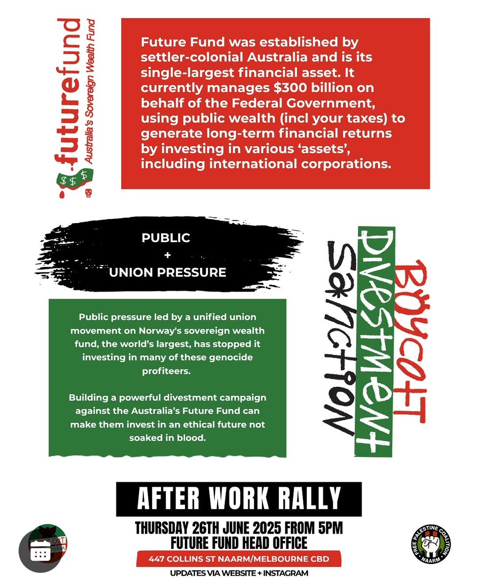 wagepeaceau's tweet image. Australia has a $300bn #FutureFund. It invests in death... NOT the future. Weapons companies' profits RELY on genocide.
WEEK OF ACTION
RALLY THURSDAY
#StopArmingUSRael
#StopArmingIsrael
#SanctionIsraelNow
#NoWaronIran
#ElbitOutofVic
