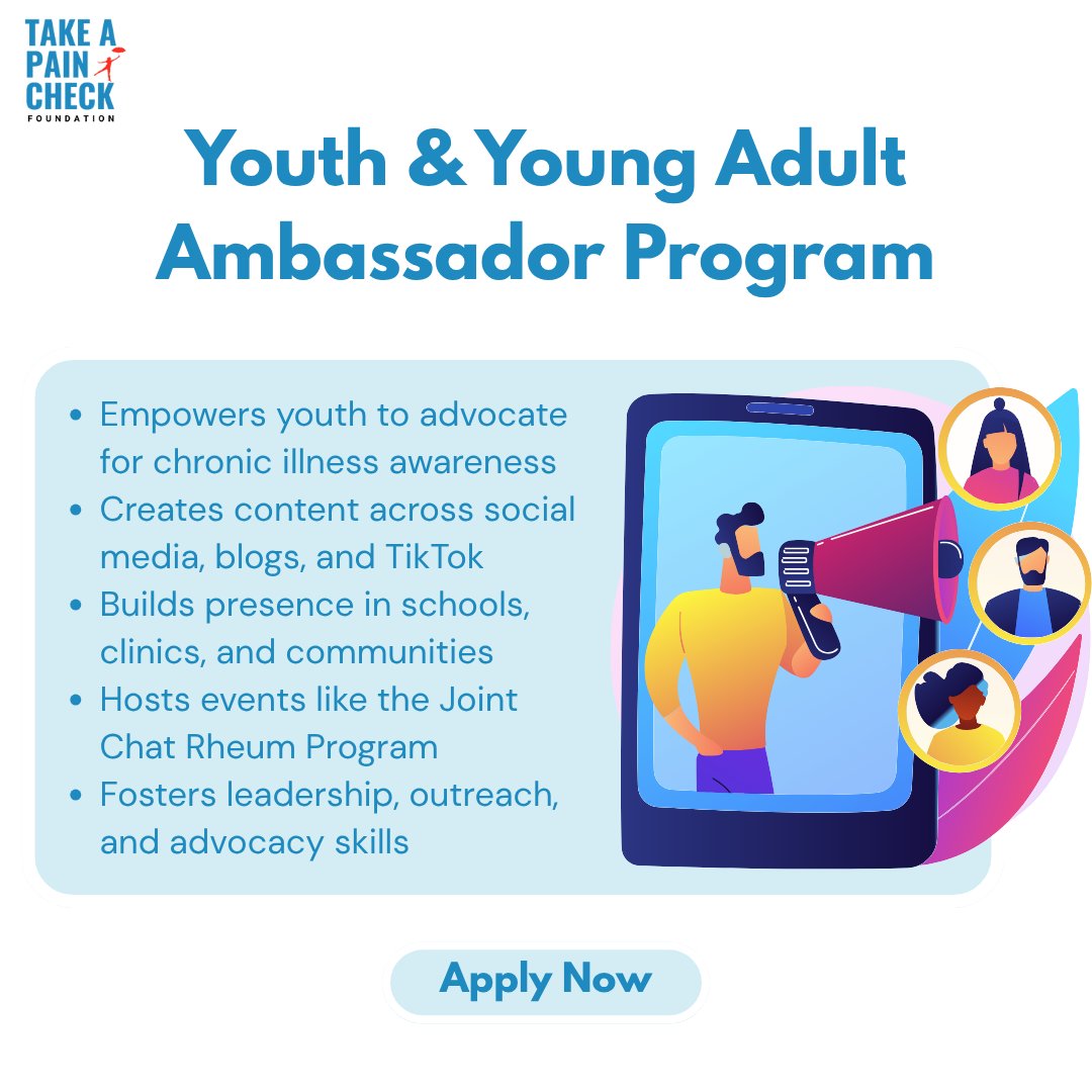 takeapaincheck's tweet image. This program empowers youth to become advocates for chronic illness awareness through social media, blogs, and TikTok content. We build community presence in schools, clinics, and beyond while hosting impactful events like the JCR Program.
Apply now using the link in our bio!