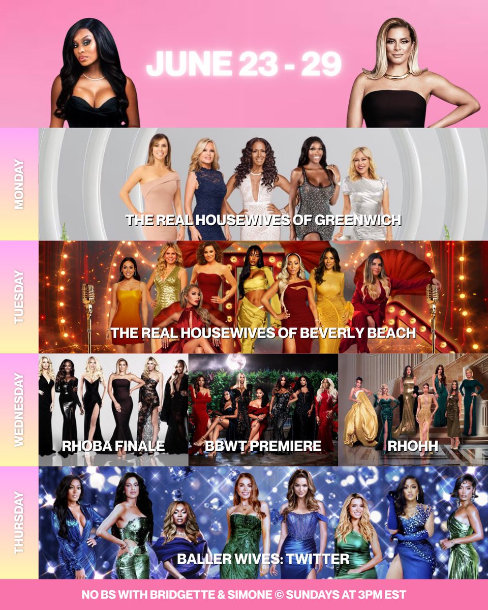 Can’t keep up with all these shows? We got you covered! Here’s what’s airing on RP this week 🌟 #NOBS

#RHOGreenwich #RHOBB #RHOBA #BBWT #RHOHH #BallerWivesTwitt