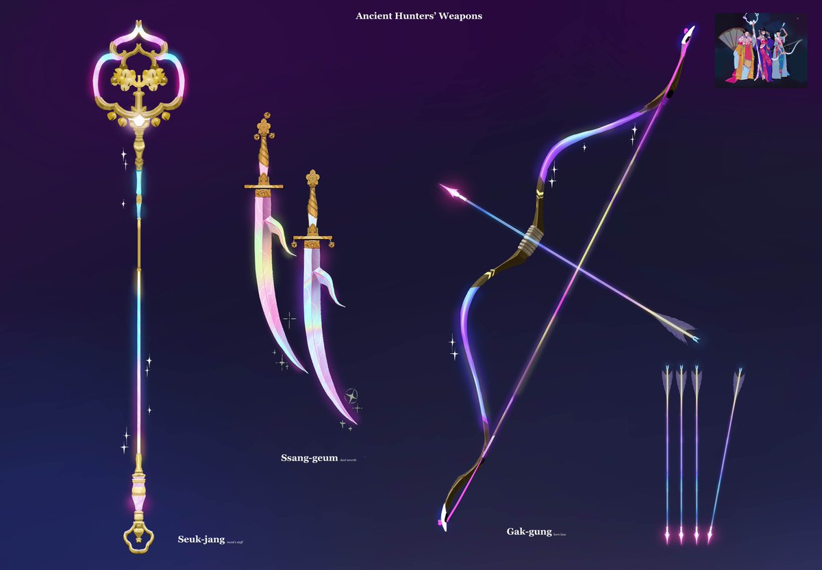 joune5064's tweet image. Another weapon designs for #KPOPDEMONHUNTERS ⚔️✨ (Part 3/2😅)
Ancient hunters’ weapons - Seuk-jang (Monk’s Staff / 석장 錫杖), Ssang-geum (Dual Swords / 쌍검, Inspired by 김명윤 유품쌍검 金命胤遺品雙劍), and Gak-gung (Horn Bow / 각궁 角弓).