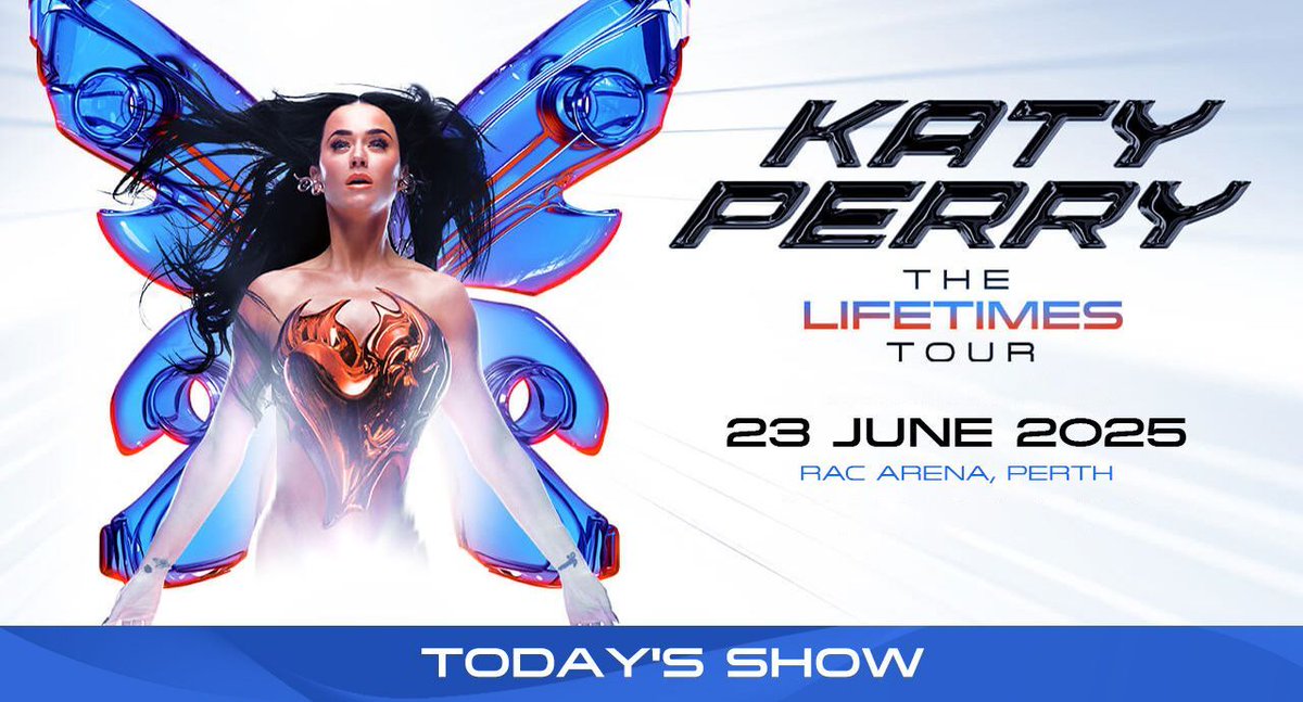 ➡️ Tonight <a href="/katyperry/">KATY PERRY</a> brings THE LIFETIMES TOUR to Perth!
⏰ 𝗗𝗼𝗼𝗿 𝗢𝗽𝗲𝗻: 6:30 PM  
⭐ 𝗦𝘂𝗽𝗽𝗼𝗿𝘁: 7:30 PM (Kinder)
🎤 𝗦𝗵𝗼𝘄 𝗦𝘁𝗮𝗿𝘁𝘀: 8:30 PM 
📆 𝗗𝗮𝘁𝗲: June 23, 2025 
📍 𝗩𝗲𝗻𝘂𝗲: RAC Arena