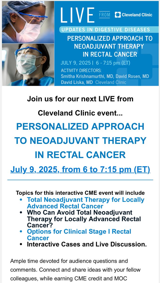 David Liska (@davidliskamd) on Twitter photo Looking forward to the next LIVE from <a href="/ClevelandClinic/">Cleveland Clinic</a> with world-class faculty leading an interactive discussion on a personalized approach to neoadjuvant tx in rectal cancer. Register ā”ļøbit.ly/LIVECC2025.
<a href="/davidrrosenmd/">David Rosen</a> <a href="/smitha42/">Smitha Krishnamurthi</a> <a href="/GIlymphomapath/">Michael Cruise</a> <a href="/kgnairmd/">Kanika Nair</a> <a href="/MRegueiroMD/">Miguel Regueiro</a> Looking forward to the next LIVE from <a href="/ClevelandClinic/">Cleveland Clinic</a> with world-class faculty leading an interactive discussion on a personalized approach to neoadjuvant tx in rectal cancer. Register ā”ļøbit.ly/LIVECC2025.
<a href="/davidrrosenmd/">David Rosen</a> <a href="/smitha42/">Smitha Krishnamurthi</a> <a href="/GIlymphomapath/">Michael Cruise</a> <a href="/kgnairmd/">Kanika Nair</a> <a href="/MRegueiroMD/">Miguel Regueiro</a>