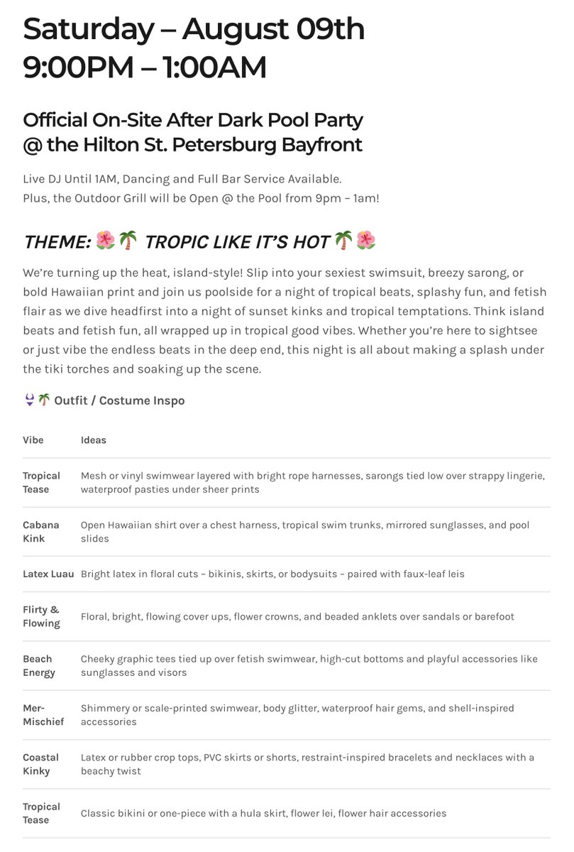 FETISH CON 2025
Pool Party Themes announced!
fetishcon.com/pervy-pool-par…

Friday – August 08th
✨🪩 DISCO DECADENCE 🪩✨

Saturday – August 09th
🌸🌴 TROPIC LIKE IT’S HOT 🌴🌸