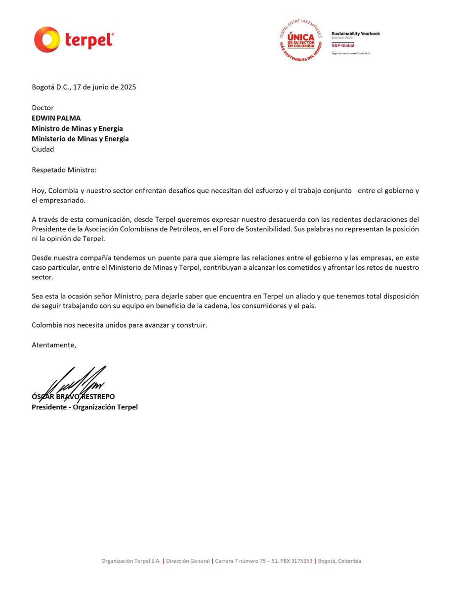 🇨🇴 la empresa TERPEL saca un comunicado diciendo que APOYA a PETRO y al  GOBIERNO hasta el final.

Otra empresa que se entrega ante su verdugo.

En Venezuela las empresas hicieron lo mismo cuando Chávez subió al poder y ya sabemos que paso!!

Que opina ❓