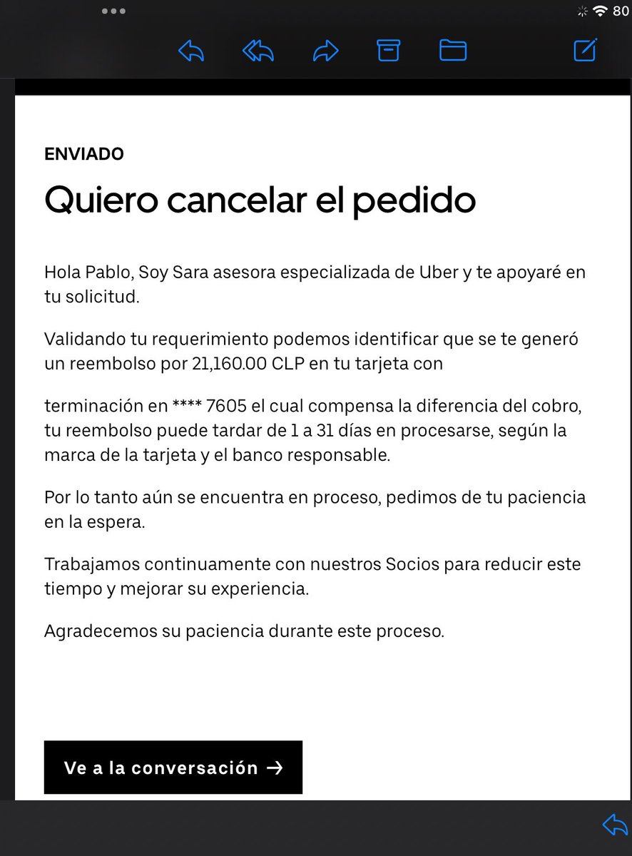 El mismo caso y 2 respuestas con tiempos dist. de reembolsos, <a href="/Uber_Support/">Uber Support</a> <a href="/UberEats/">Uber Eats</a> ya una semana completa y lo único que recibo son correos, al final. Endosan el problema a mi banco <a href="/santanderchile/">Banco Santander Chile</a>  la demora de una transferencia, sin instrucción no hay transferencia. <a href="/SERNAC/">SERNAC</a>