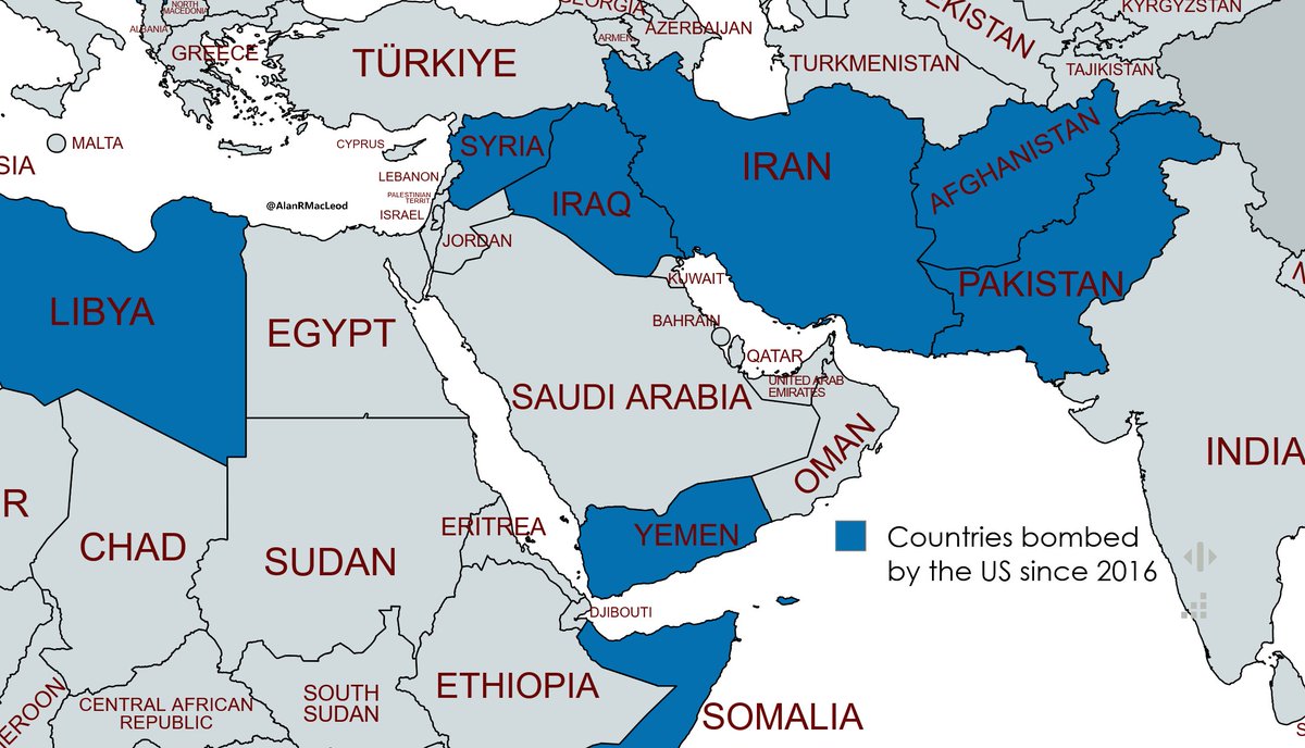 Map of Middle Eastern countries that the US has bombed since 2016 (updated).