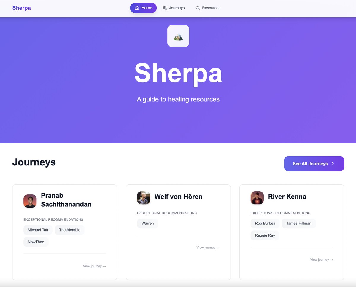 manda_ngo's tweet photo. Ok, I'm so excited this is finally shareable – check out Sherpa, a beginnings of a database of healing journeys!

This was inspired by many convos where we were all like 'man, we sure wish the healing space was a little easier to navigate'. It's something like a proof of concept for what a journey-based navigational guide could look like.

Link below, check it out and let me know what you think <3