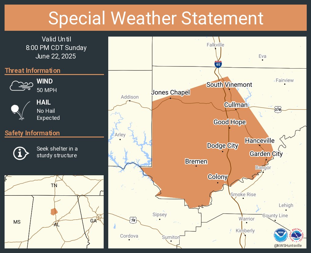 A special weather statement has been issued for Cullman AL, Hanceville AL and  Good Hope AL until 8:00 PM CDT