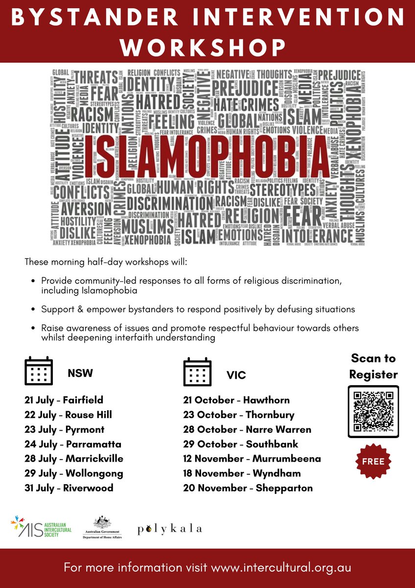 Dates for #Victoria &amp; #NSW are available for the Bystander Intervention Program series. The #workshop will empower you to be an upstander when witnessing #religious #vilification such as #Islamophobia to act safely and support the #victim 

More #info - bit.ly/BIPInfo