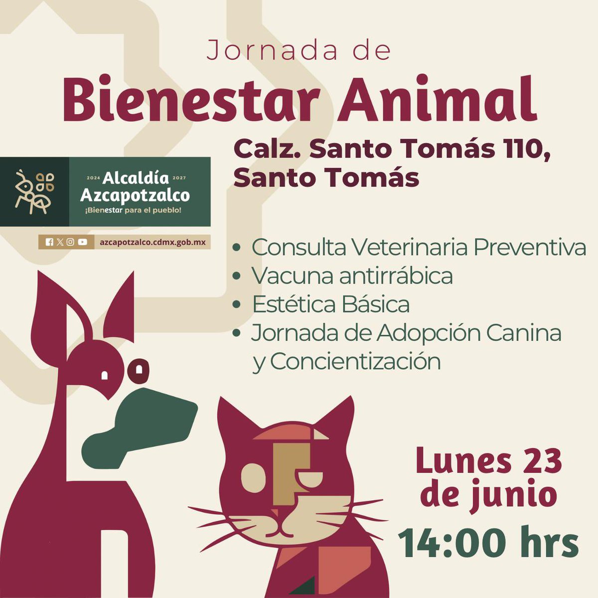 ¡Este lunes 23 de junio llega una jornada para tus lomitos y michis! 🐶🐱
En #SantoTomás tendremos vacunación antirrábica, consulta veterinaria, estética básica y adopciones.

🐾 ¡No faltes y cuida a quienes te dan amor todos los días!