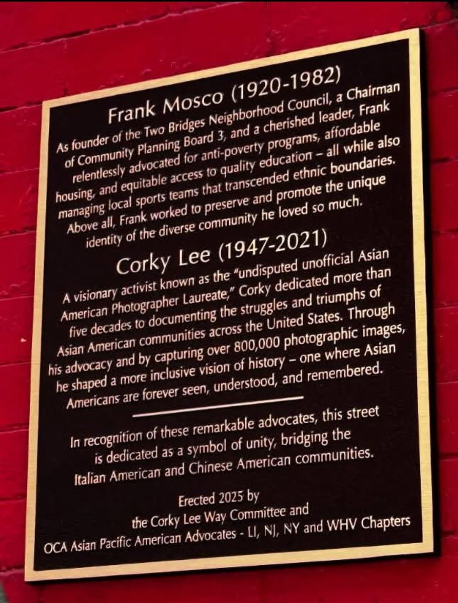 janccrc's tweet image. Thank you @ChrisMarteNYC for Honoring the installation of the bronze memorial plaque commemorating the work of Frank Mosco and Corky Lee on Mosco St. Thank you O.C.A. &amp; @ThinkChinatown