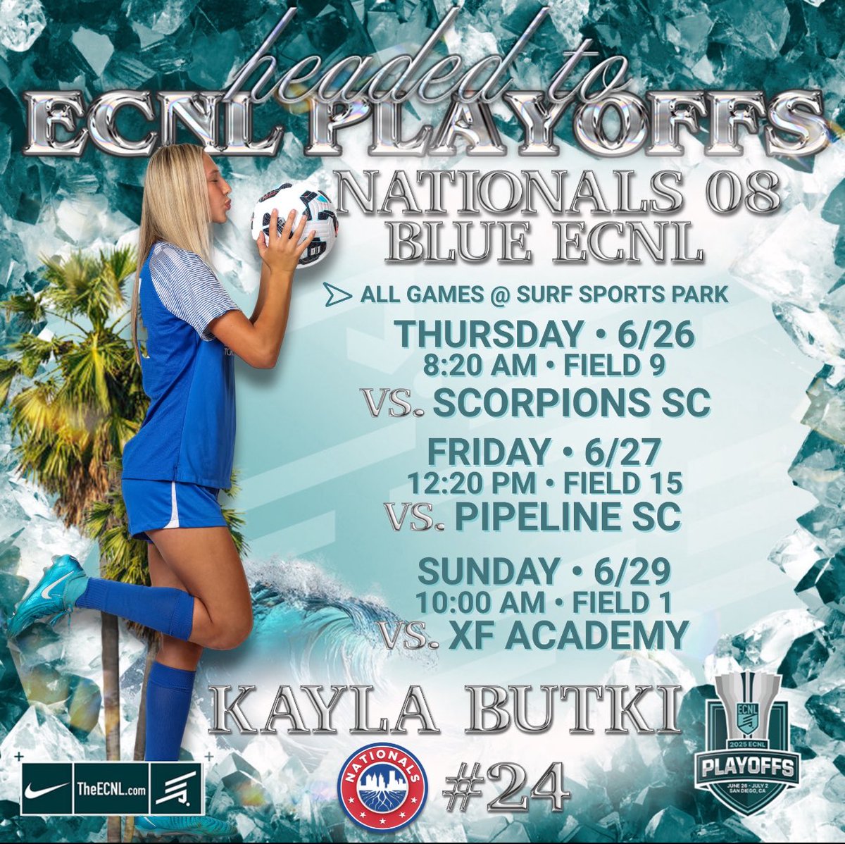 Off to <a href="/ECNLgirls/">ECNL Girls</a> playoffs in Cali!!!!! <a href="/NationalsGA/">Nationals Girls Academy</a> <a href="/CoachDR7/">David Robertson</a> <a href="/TopDrawerSoccer/">TopDrawerSoccer</a> <a href="/PrepSoccer/">Prep Soccer ⚽️</a> <a href="/ImYouthSoccer/">ECNL/GA/Recruiting/College Soccer</a> <a href="/ImCollegeSoccer/">College Soccer Truth ™</a> <a href="/TheSoccerWire/">SoccerWire</a>