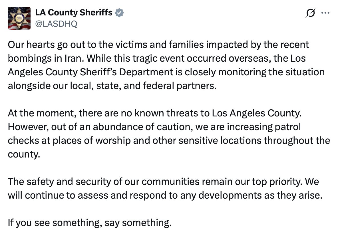 What a bizarre statement from the LA County Sheriff's Department in response to Trump blowing up Iran's nuclear facilities

"Our hearts go out to the victims and families impacted by the recent bombings in Iran."
