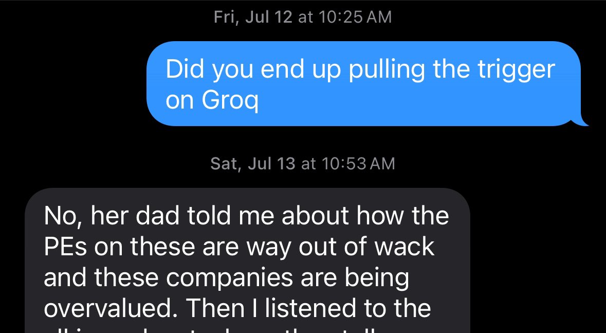 notmarkmoran's tweet photo. Last messages when I was investing in @GroqInc @sundeep and trying to raise funds from a few friends in the investment industry to join me. 

It’s ok, I’ll let them sleep in my mansion if they bring their own sleeping bag. https://t.co/AEUmrNH5Eq