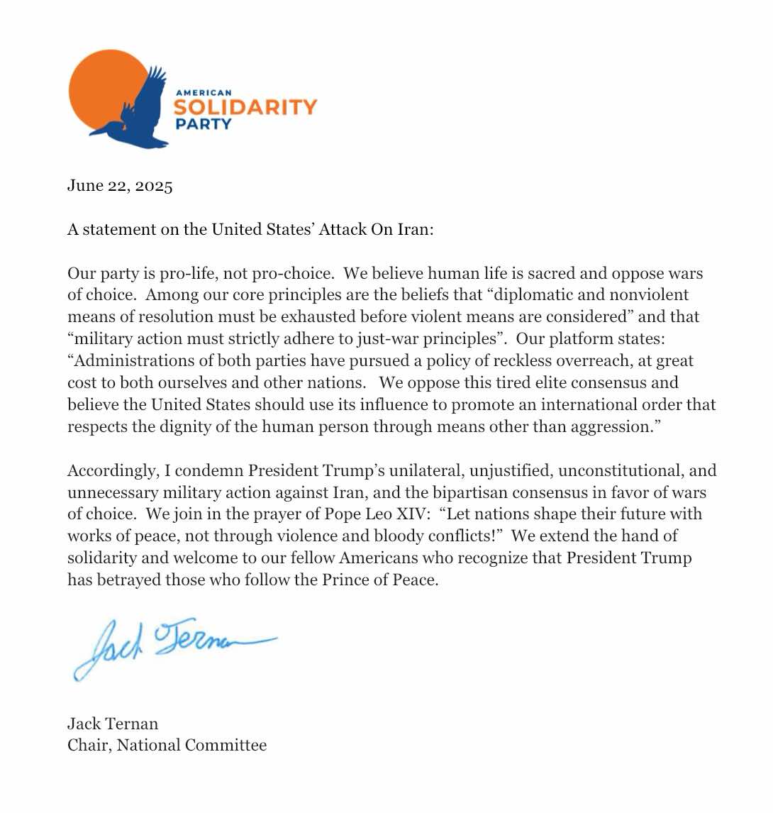 AmSolidarity's tweet photo. From the desk of our Chairman, we condemn President Trump’s actions in Iran. https://t.co/BQYvTRngVv