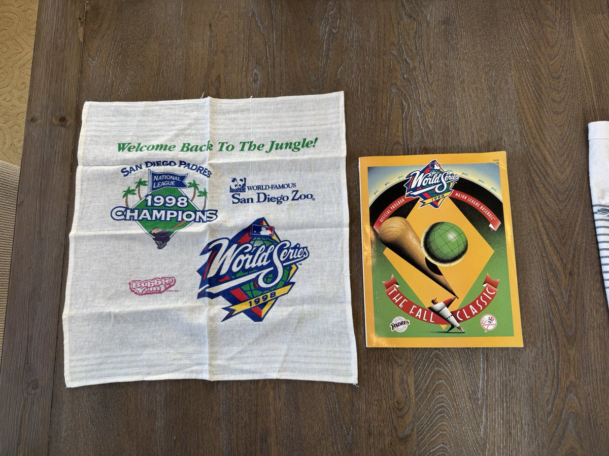 Just found my 98’ World Series rally towel and program in storage. So many great memories from the Murph that year and one terrible one. #Padres <a href="/DonOrsillo/">Don Orsillo</a> <a href="/SammyLev/">Sammy Levitt</a> <a href="/tonygwynnjr/">Tony Gwynn Jr.</a>