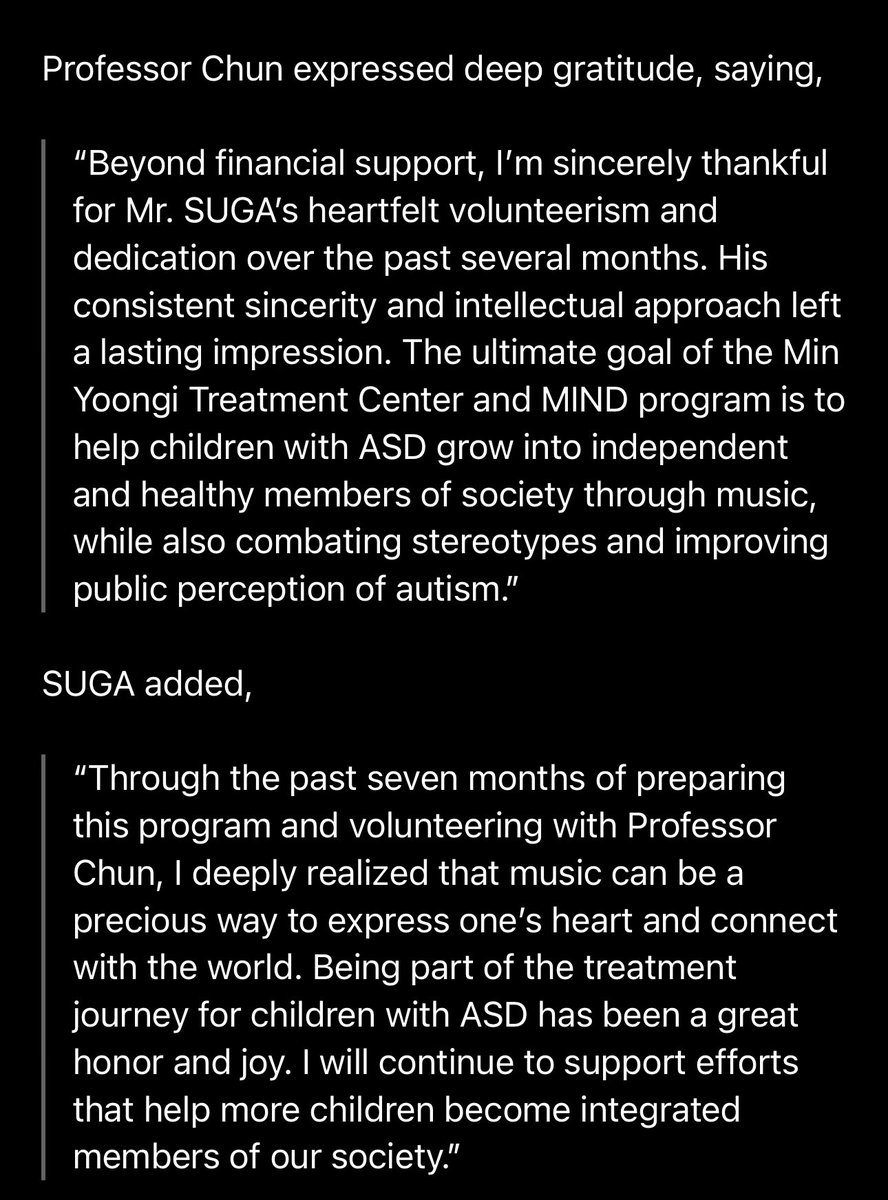 are u kidding me hes been working on the “min yoongi treatment center” since last year, they developed a whole program for children with autism involving music AND hes been spending his weekends with them in the process. n they already showed progress :((