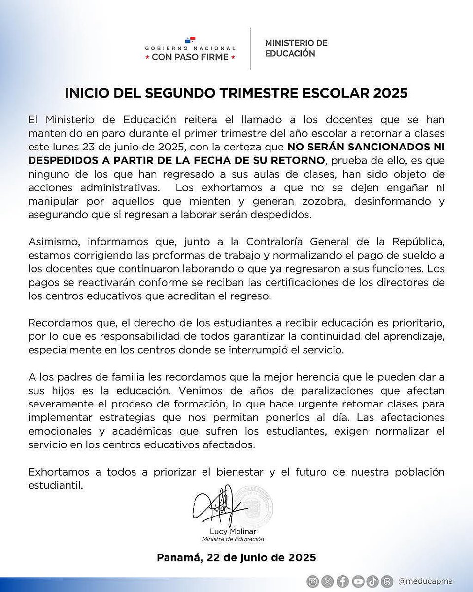 📢 El MEDUCA confirma que docentes en paro podrán volver a clases desde el lunes 23-J sin sanciones. Se garantizará pago conforme certifiquen su regreso. Se prioriza el derecho a la educación tras años de paralizaciones. 
#EducaciónPanamá #RetornoAClases #Meduca #RetenChiriquí