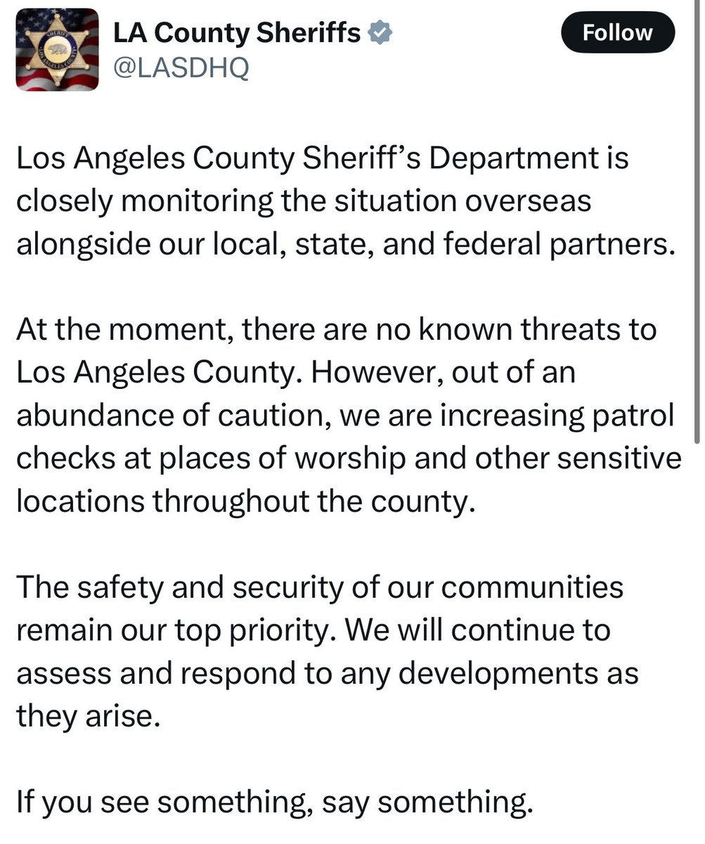 LA County Sheriff’s office put out a tweet commiserating with the ayatollah in Iran losing his nukes. They’ve since edited the tweet.
