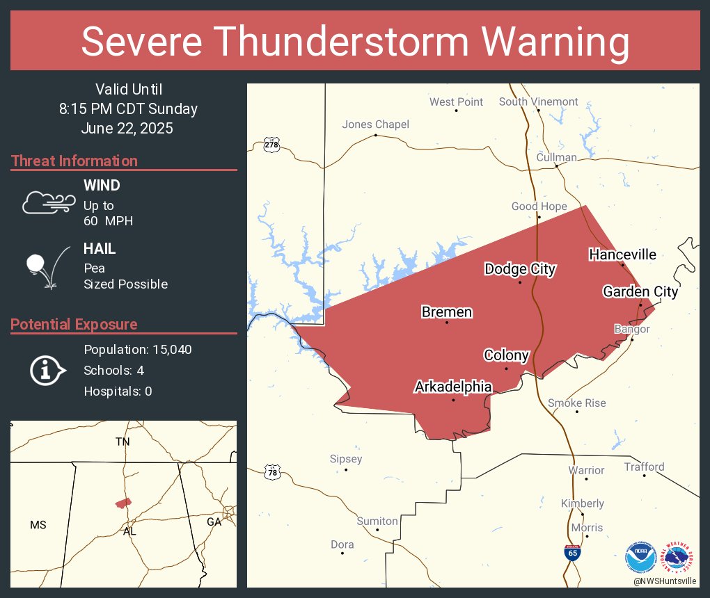 Severe Thunderstorm Warning including Hanceville AL, Dodge City AL and  Garden City AL until 8:15 PM CDT