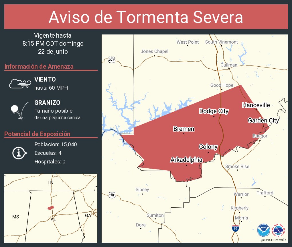 Aviso de Tormenta Severa incluye Hanceville AL, Dodge City AL, Garden City AL hasta las 8:15 PM CDT