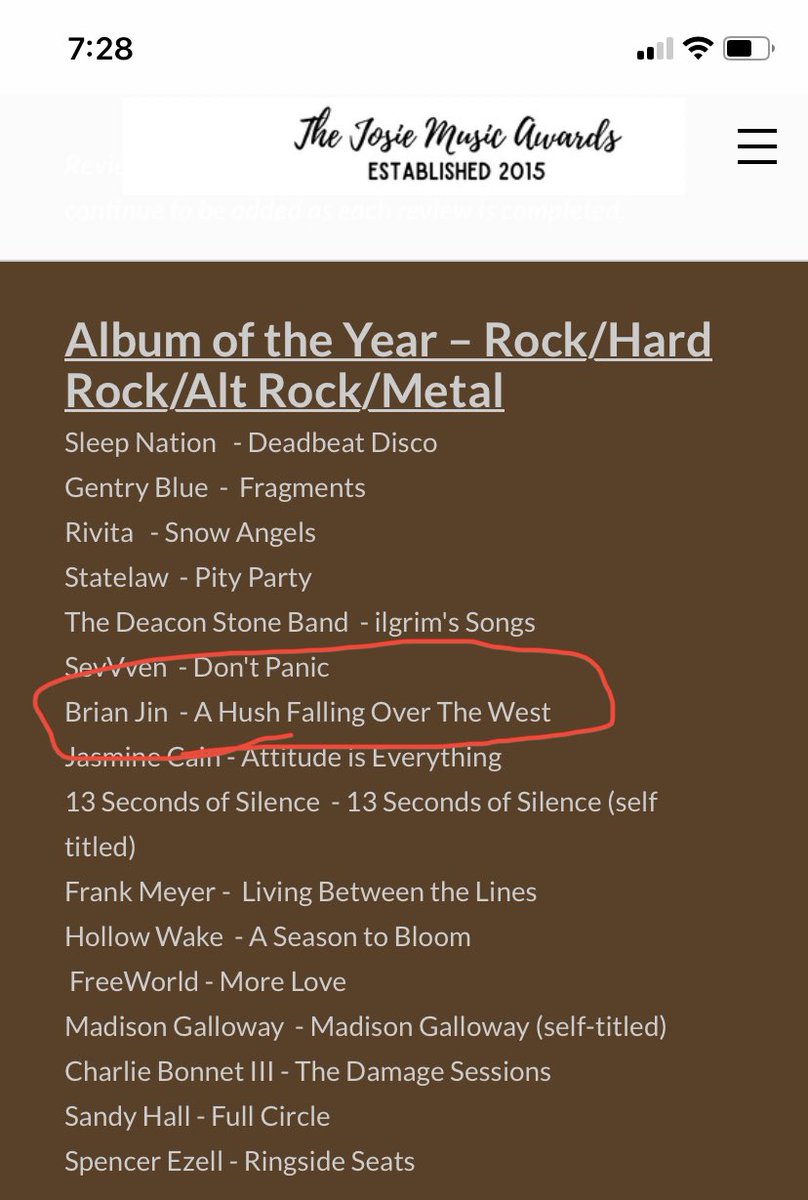 Thrilled to be #nominated for a <a href="/josiemusicaward/">Josie Music Awards</a> for our album A HUSH FALLING OVER THE WEST