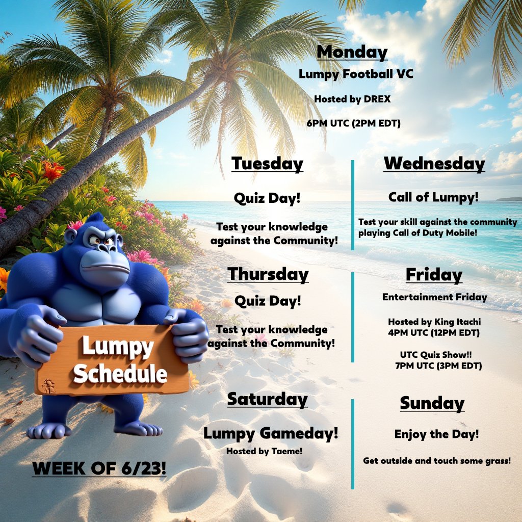 🚨🚨 SCHEDULE ALERT 🚨🚨
Check out this week's action packed schedule! Come join us on Telegram this week!! You will be glad you did!!!

Telegram: t.me/LumpyCTO

Buy. HODL. Build. $Lumpy 🤝