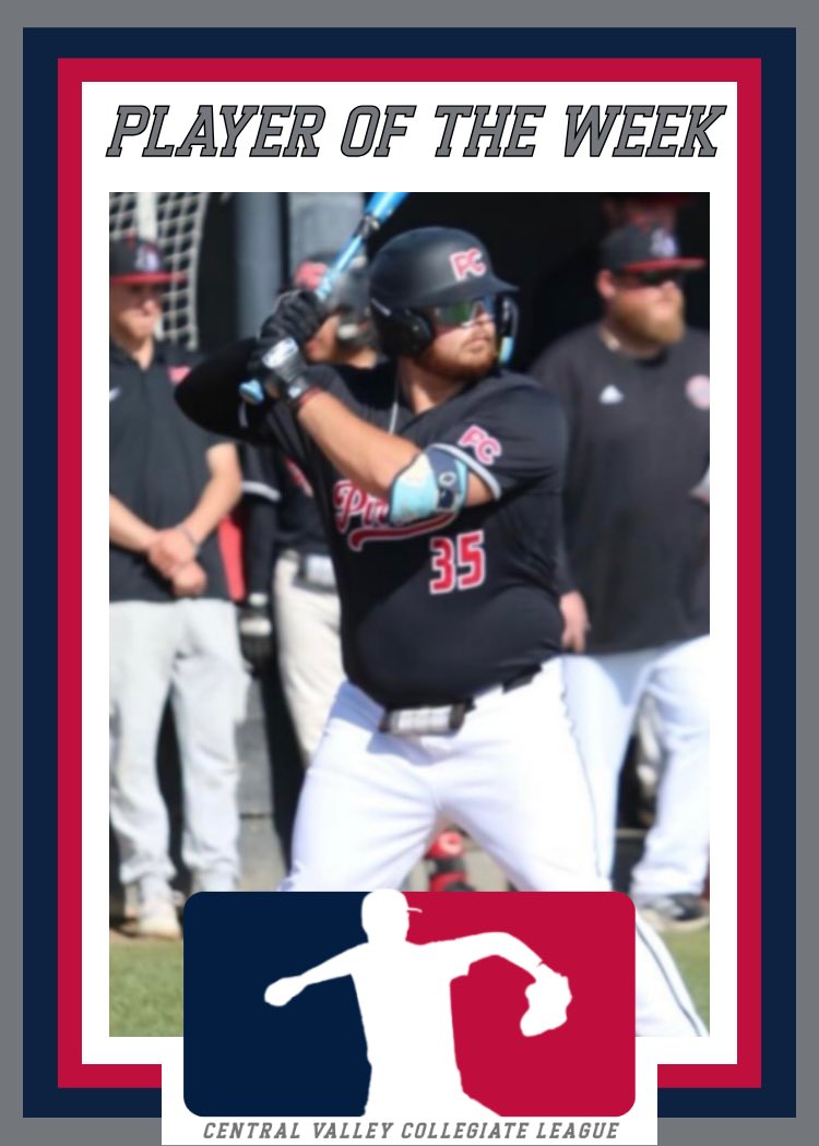 Central Valley Collegiate League (@cvclbaseball1) on Twitter photo Week 3 - Player of the Week
Colton Isom <a href="/colt45ice/">Colton Isom</a> <a href="/PCPirateBeisbol/">PortervilleCollegeBaseball</a>
4 IP 3 H 0 ER 1 BB 5 K (2 appearances) Week 3 - Player of the Week
Colton Isom <a href="/colt45ice/">Colton Isom</a> <a href="/PCPirateBeisbol/">PortervilleCollegeBaseball</a>
4 IP 3 H 0 ER 1 BB 5 K (2 appearances)