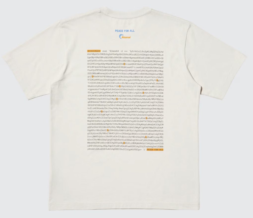 rsec17's tweet photo. ユニクロのakamaiコラボTシャツを今更知って、テキスト化めんどいなと思ったらmacのプレビューでテキスト化できたことのほうに感動してしまったおじさん。
みんなでCTF問題のオリT作りあったら楽しそうだな。自己紹介がわりのCTFデュエル勃発だ。

#ユニクロ #Akamai #base64 #bash #CTF https://t.co/wioz9OheHA
