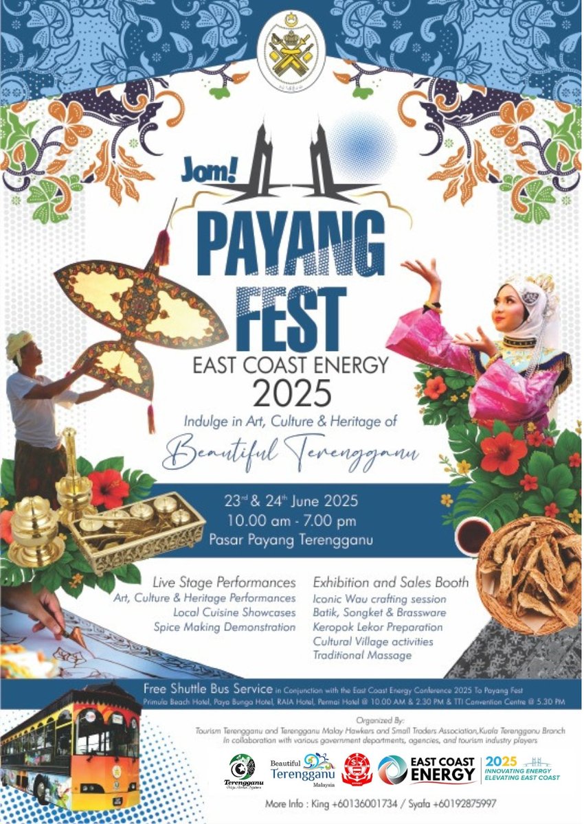 Jom ‼️
PAYANG FEST
EAST COAST ENERGY 2025🔥

"Indulge in Art, Culture &amp; Heritage of Beautiful Terengganu"

-Art, Culture &amp; Heritage Performances
-Local Cuisine Showcases
-Spice Making Demonstration
-Iconic Wau crafting session
-Batik, Songket &amp; Brassware
-Keropok Lekor Making