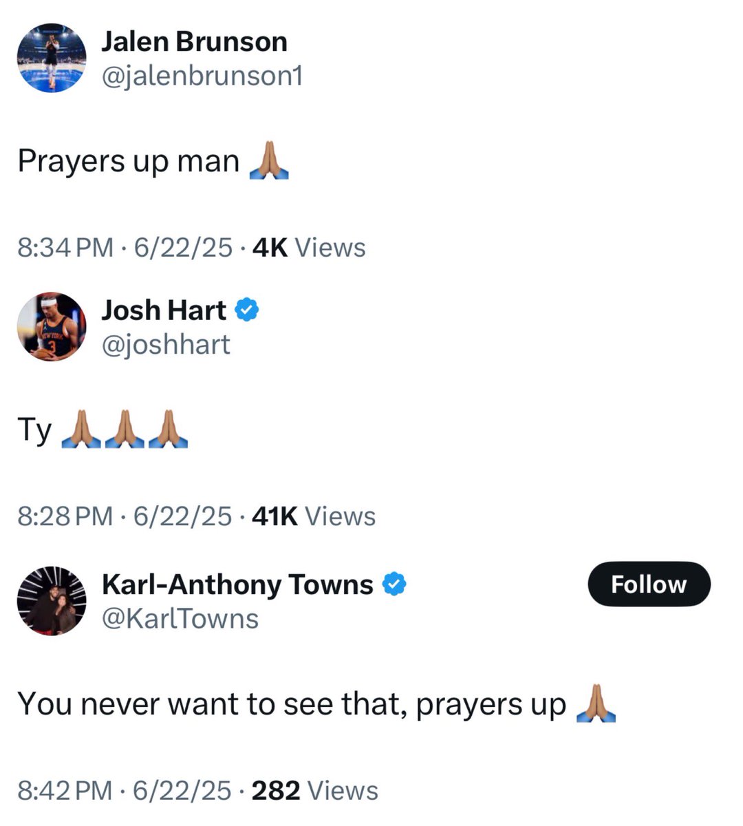 KnicksMuse's tweet photo. Jalen Brunson, Josh Hart, and Karl-Anthony Towns all offering their support to Tyrese Haliburton. https://t.co/0EgFKR2UBK